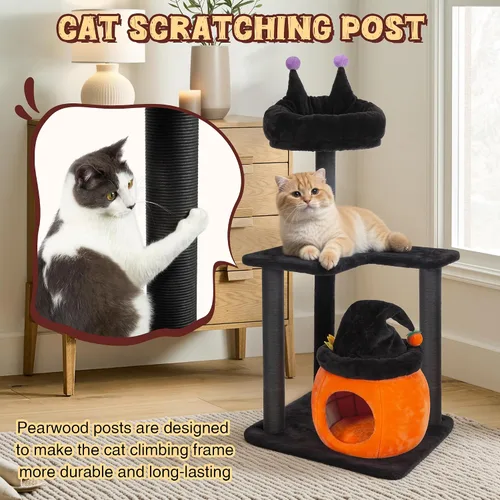 Vista 4 de KAMABOKO Árbol gótico para gatos, torre negra para gatos de 44.8 pulgadas con cama de ataúd, condominio grande y alto para gatos con postes