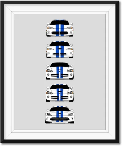 Vista 12 de Custom Car Posters Póster hecho a mano compatible con Dodge Viper Generations e impresión de Viper R/T GTS SRT10, color rojo con rayas blancas, 3.