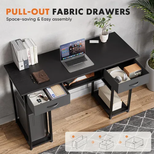 Vista 4 de Escritorio para computadora de 47 pulgadas con 2 cajones, escritorio de oficina en casa con estantes de madera, mesa de PC de escritura de estudio