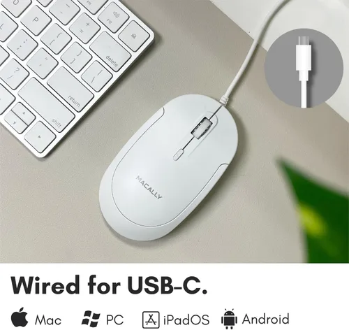 Vista 2 de Macally Ratón USB C con Cable para Mac y PC - Delgado, Silencioso y Confiable - Ratón Tipo C para MacBook Pro/Air, iMac, Apple iPad, Laptop