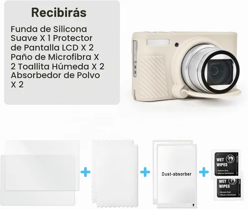 Vista 2 de VOVMOEYA SX740 - Juego de accesorios para funda de cámara [con 2 películas LCD templadas], funda protectora de silicona compatible con cámara Beige