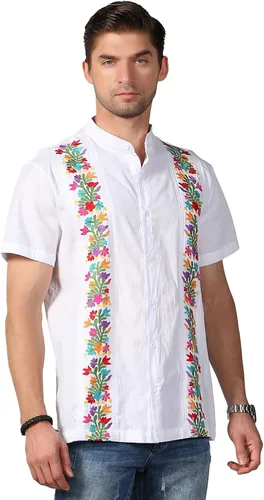 Vista 4 de Camisas mexicanas para hombre, camisas de vestir tradicionales de guayabera para hombre, con botones, cuello de banda, camisa de vestir para fiesta