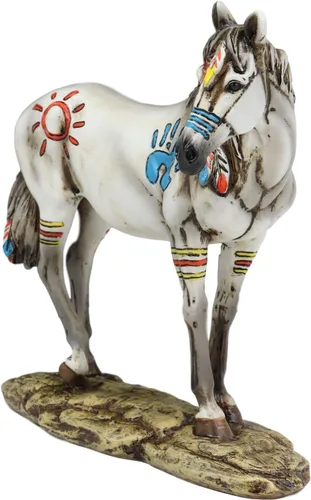 Vista 4 de Ebros Ebros Ecuestre Tribal Belleza Medicina Espíritu Caballo Hecho a Mano Estatua de 8 pulgadas de alto, símbolos indios nativos americanos, plumas