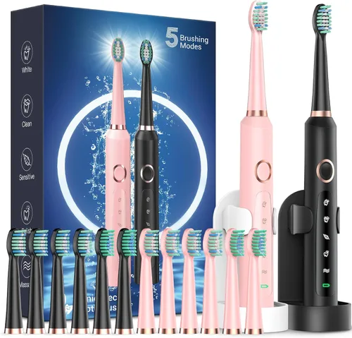 Vista 8 de Rtauys Cepillo de dientes eléctrico M5 para adultos, cepillo de dientes eléctrico sónico para niños y adultos con 8 cabezales de cepillo y estuche