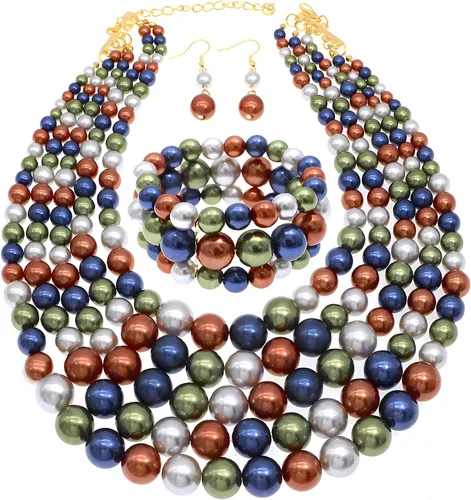 Vista 18 de JNF Collares grandes de perlas de imitación para mujer, collar de perlas de múltiples hebras, pulsera y aretes, collar de perlas para disfraz Negro