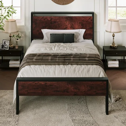 Vista 18 de Base de cama Allewie de tamaño individual con cabecero y pie de cama de madera, soporte de listones de metal resistentes, no requiere somier