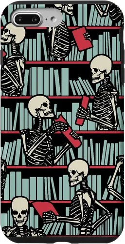 Vista 12 de iPhone 16 Bookish Public Library Skeleton Goth Librarian Books Pattern Case