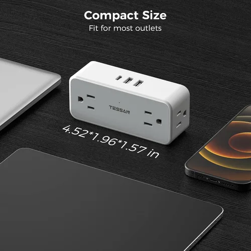 Vista 5 de TESSAN 4 - Divisor de salida de enchufe múltiple, extensor de salida de pared con 3 cargadores de pared USB (1 USB C), protector de sobretensiones