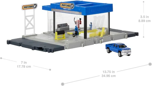 Vista 5 de Matchbox Action Drivers Auto Shop Playset con 1 Chevy Silverado, piezas móviles y figuras, juguete para niños de 3 años en adelante