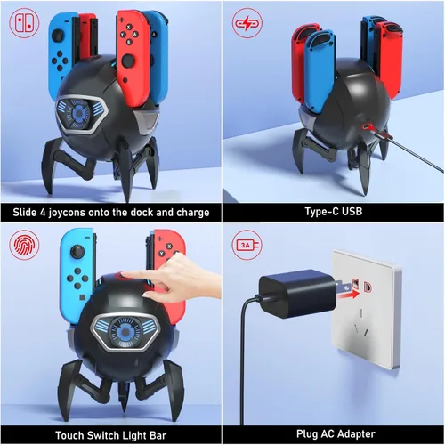 Vista 3 de Joy-Con - Base de carga para Nintendo Switch con adaptador de CA y cable USB-C, estación de carga Joy-Cons de bolas de nieve Paobas con indicador LED