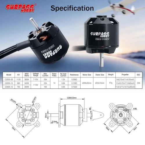 Vista 3 de Surpass C2836 1120KV Motor sin escobillas para aviones RC Ala fija