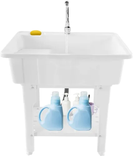Vista 15 de CNCEST Fregadero de lavandería independiente, fregadero utilitario para interiores y exteriores con grifo giratorio de 360° y dispensador de jabón