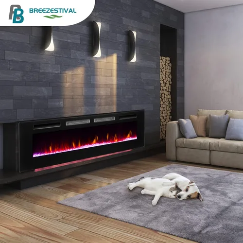 Vista 5 de Chimenea eléctrica empotrada y montada en la pared con llama de 12 colores, control remoto de pantalla táctil, juego de registro y cristal