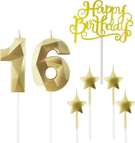 Vista 41 de Velas de cumpleaños doradas con número 20 y velas de estrella de cumpleaños de 7 cm Velas para pastel de cumpleaños en forma de diamante 3D son