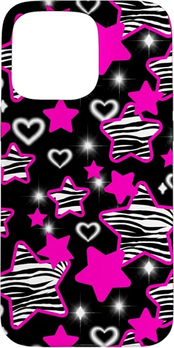 Vista 31 de Carcasa para iPhone 16 McBling Estética Zebra Print Stars Hearts Rosa Negro Y2K