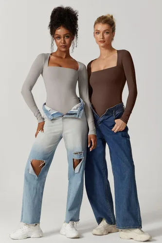 Vista 4 de QINSEN Body sexy de manga larga con cuello cuadrado para mujer