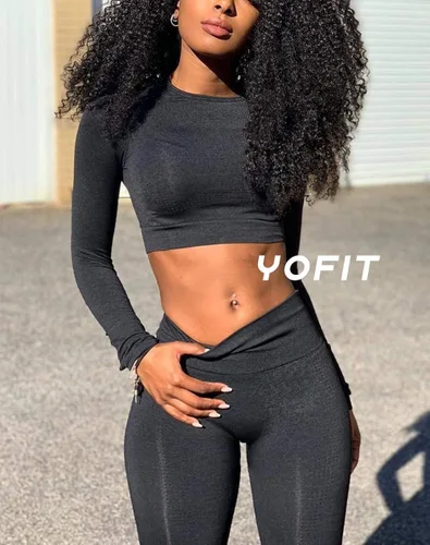 Vista 2 de YOFIT - Conjunto deportivo de 2 piezas leggings de yoga de cintura alta sin costuras y crop top con manga larga para mujer, juego de ropa