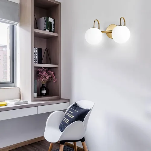 Vista 6 de Luminarias Modernas de Tocador de Baño 2 Luces Latón Cepillado Pantalla de Vidrio Globo Blanco Leche Aplique de Pared Moderno Tipo Barra Iluminación