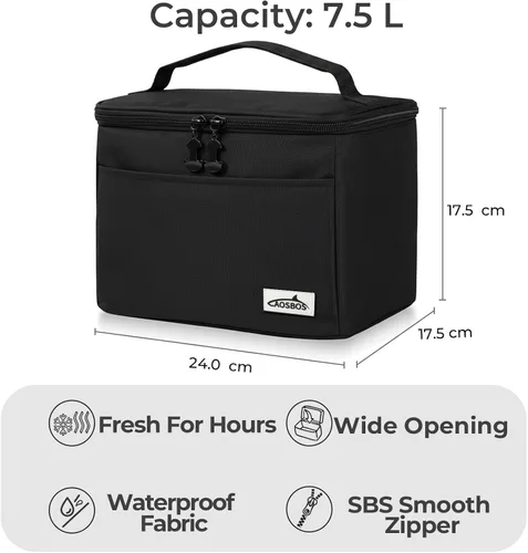 Vista 3 de Aosbos - Lonchera térmica negra para mujeres y hombres, pequeña bolsa térmica Se adapta a 6 latas de soda, 100% a prueba de fugas, diseño térmico