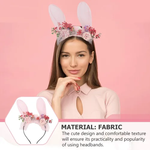 Vista 5 de Beaupretty Diadema de orejas de conejo, diadema larga con orejas de conejo con flores, orejas de conejo de Pascua, conejo, cosplay, accesorios