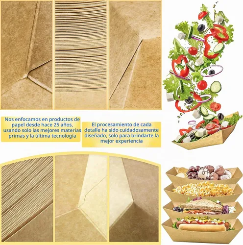 Vista 3 de Paquete de 150 Bandejas para Servir Alimentos de 1 Libra, Bandejas Pequeñas de Papel Kraft a Prueba de Aceite, Desechables, Reciclables, para Marrón