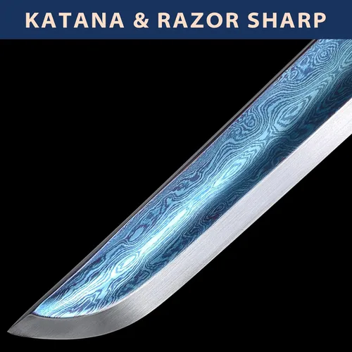 Vista 7 de entez Handcrafted Samurai Katana - Premium Damascus/T10 Clay Tempered Blades - Sharp Functional Japanese Swords, Full Tang