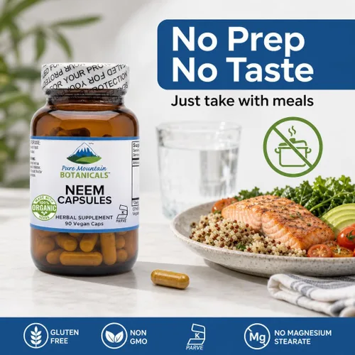 Vista 8 de Pure Mountain Botanicals Neem Cápsulas – Hoja de Neem orgánica de 500 mg – 90 cápsulas Kosher veganas – Suplemento para la piel y el bienestar