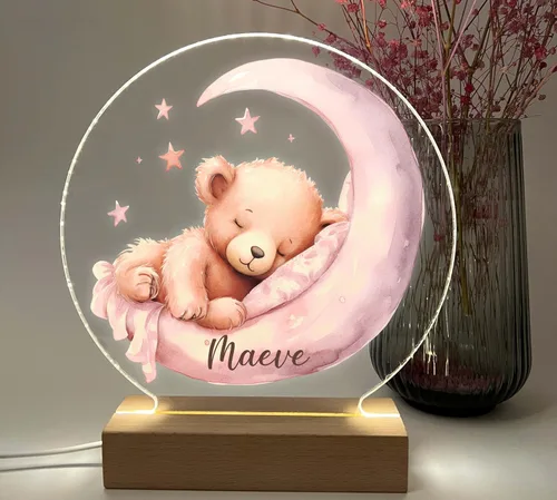 Vista 3 de Osito de peluche rosa luna y estrellas luz nocturna para habitación de niños, luz de guardería, luz personalizada para niñas, regalo para niños
