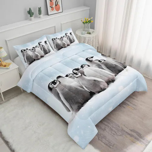 Vista 2 de Datura home - Juego de ropa de cama con edredón con estampado de pingüino y nieve, juego de colcha con 1 edredón y 2 fundas de almohada