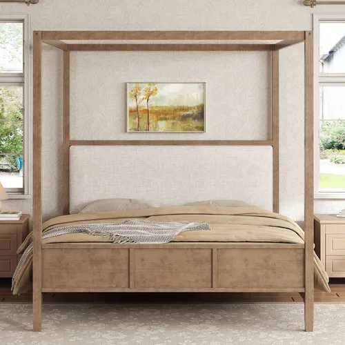 Vista 13 de Cama de plataforma con dosel de 4 pósteres de tamaño matrimonial con cabecero de listones verticales Negro-8.1
