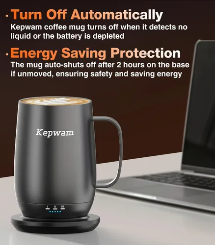 Vista 4 de Kepwam Taza de Café con Calefacción T2-Plus, taza de café autocalentable de gran capacidad líder de 20 onzas, hasta 8 horas de batería y caliente