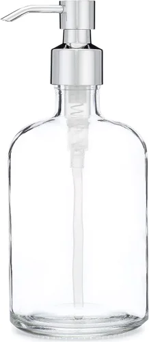 Vista 5 de Rail19 Dispensador de jabón de vidrio reciclado transparente con bomba de metal, loción, jabón líquido y aceite esencial para cocina y baño, 13.5