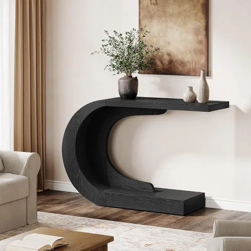 Vista 3 de Tribesigns Mesa consola moderna de mediados de siglo de 43.3 pulgadas para entrada, mesa de entrada de madera en forma de C para sala de estar, Negro