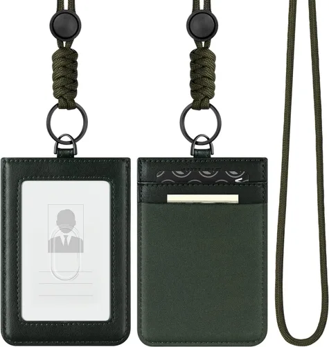 Vista 11 de VULKIT Soporte para tarjetas de identificación con cordón para mujeres y hombres, soporte vertical de cuero con ranura transparente para tarjetas