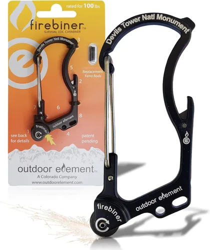 Vista 12 de OUTDOOR ELEMENT Firebiner Custom Engraved 6-in-1 Fire Starter Carabiner Multitool – Survival Gear EDC Keychain with Utility Blade, Bottle Opener