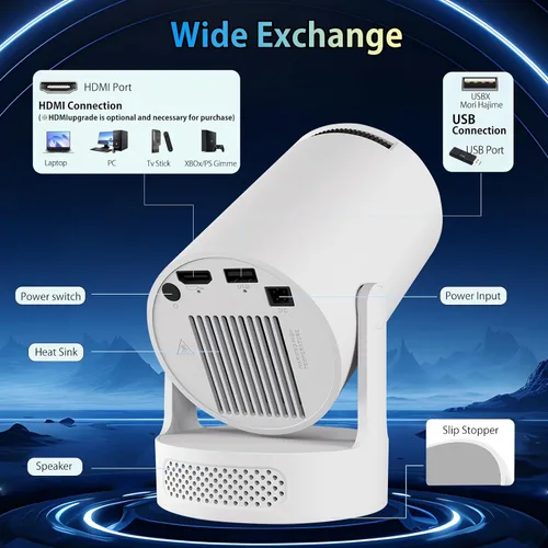 Vista 7 de Mini proyector 4K compatible con doble banda WIFI6 5G inalámbrico 5.4 Bluetooth Android 11, altavoz base de sonido, Keystone vertical automático