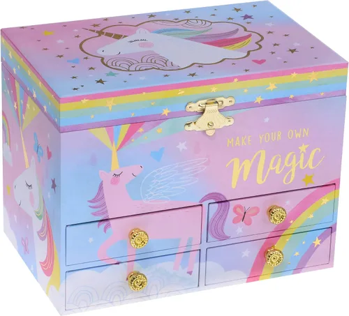 Vista 2 de Jewelkeeper Cotton Candy Unicorn - Caja de almacenamiento musical grande para joyas con 4 cajones extraíbles, joyero musical para niña, hermoso tono