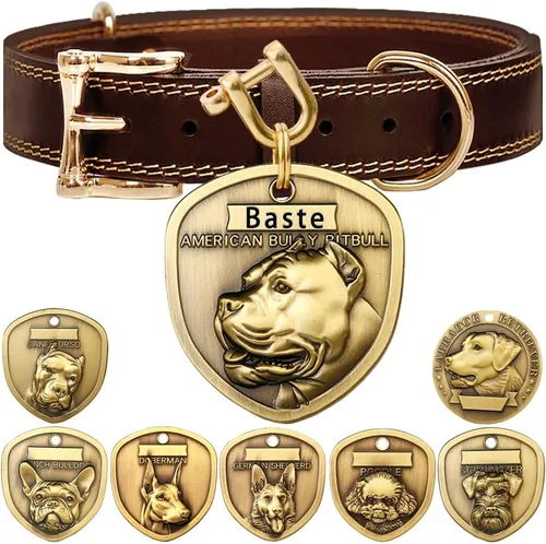 Vista 14 de Collar de cuero auténtico para perro + Juego de etiqueta para perro bulldog con relieve 3D (XS-S)