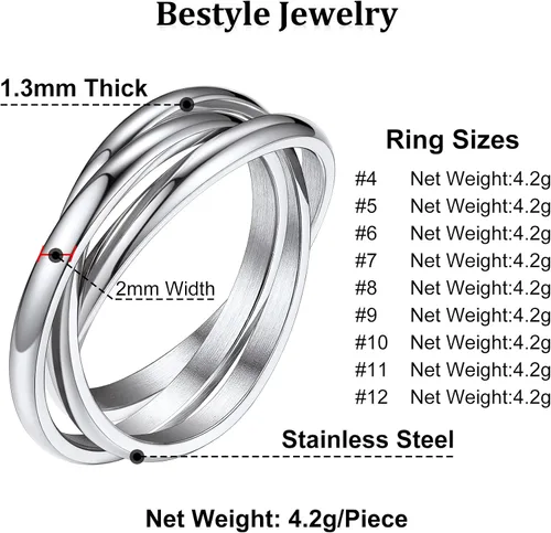 Vista 7 de Bestyle Anillos entrelazados para mujeres y niñas, anillos cruzados apilables de acero inoxidable en tono plataorooro rosanegro, anillo de promesa