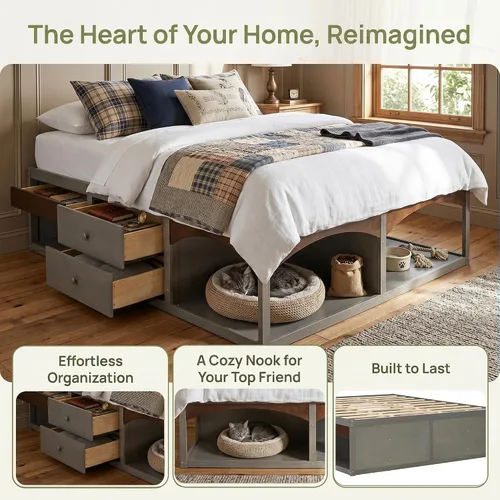 Vista 4 de Polibi Cama de plataforma King con 6 cajones, diseño apto para mascotas Gris (Antique Gray)