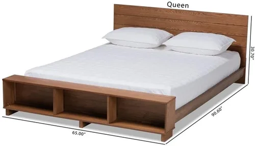Vista 9 de Baxton Studio Regina - Cama de almacenamiento moderna de madera rústica con acabado marrón nogal y estantes integrados