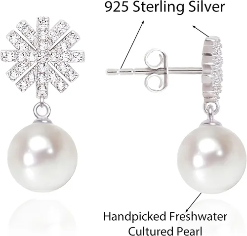 Vista 4 de Aretes colgantes de plata de ley 925 con perlas reales de agua dulce de calidad para mujer