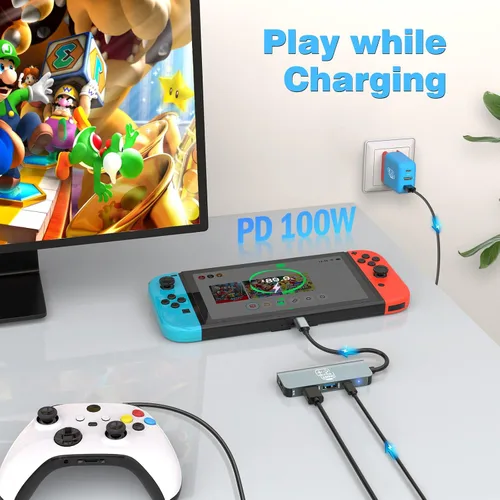 Vista 3 de Concentrador USB C, adaptador USB C a HDMI para Nintendo Switch/Switch OLED/MacBook/iPad/iPhone/teléfono Android/portátil, adaptador de TV