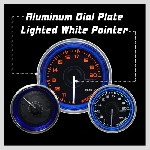 Vista 2 de Prosport Performance Medidor de relación de combustible aire de banda ancha Crystal Blue Series Lente ámbar/blanco transparente con puntero blanco