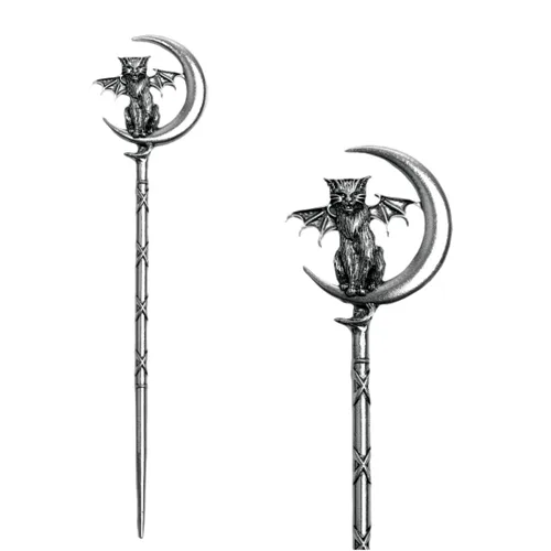 Vista 17 de 2 piezas de horquillas retro de Halloween para mujer, negras, góticas, de bruja, con luna y gato, para peinado (CAL1)