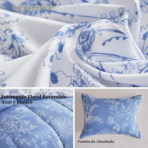 Vista 4 de Flysheep Juego de edredón reversible floral tamaño individual, juego de ropa de cama con estampado botánico blanco y azul, microfibra ultra suave