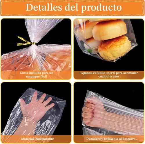 Vista 4 de Bolsas de pan con lazos, 100 bolsas de pan transparentes para pan casero y 100 lazos, bolsas de pan ajustables reutilizables de plástico, bolsas