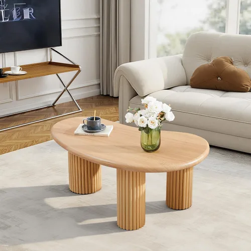 Vista 8 de Mesa de Centro Acanalada, 39'' Mesas de Centro Estilo Granja para Sala de Estar, Mesa Central de Acento de Madera Baja Mesa de Té Pequeña con Base