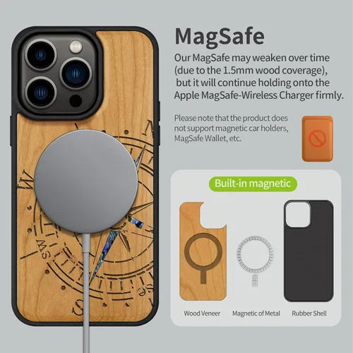 Vista 5 de Carveit Funda magnética de madera de diseñador para iPhone 14 Pro Max, grabado en madera e incrustaciones de concha, funda de madera única