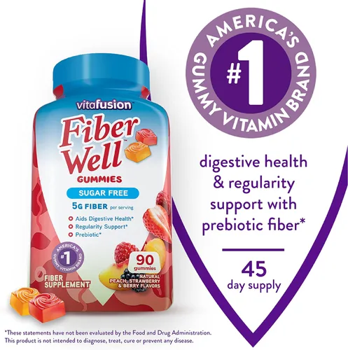 Vista 2 de Vitafusion Fiber Well, suplemento de fibra sin azúcar, 90 unidades. Vitaminas gomosas B12, 60